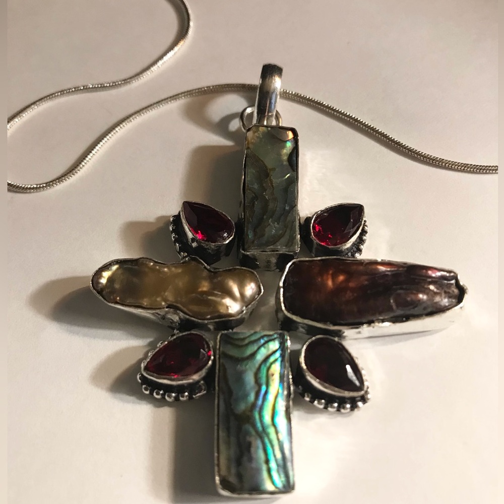 Garnet Abalone Biwa Pearl Stamped 925 Sterling Silver Necklace